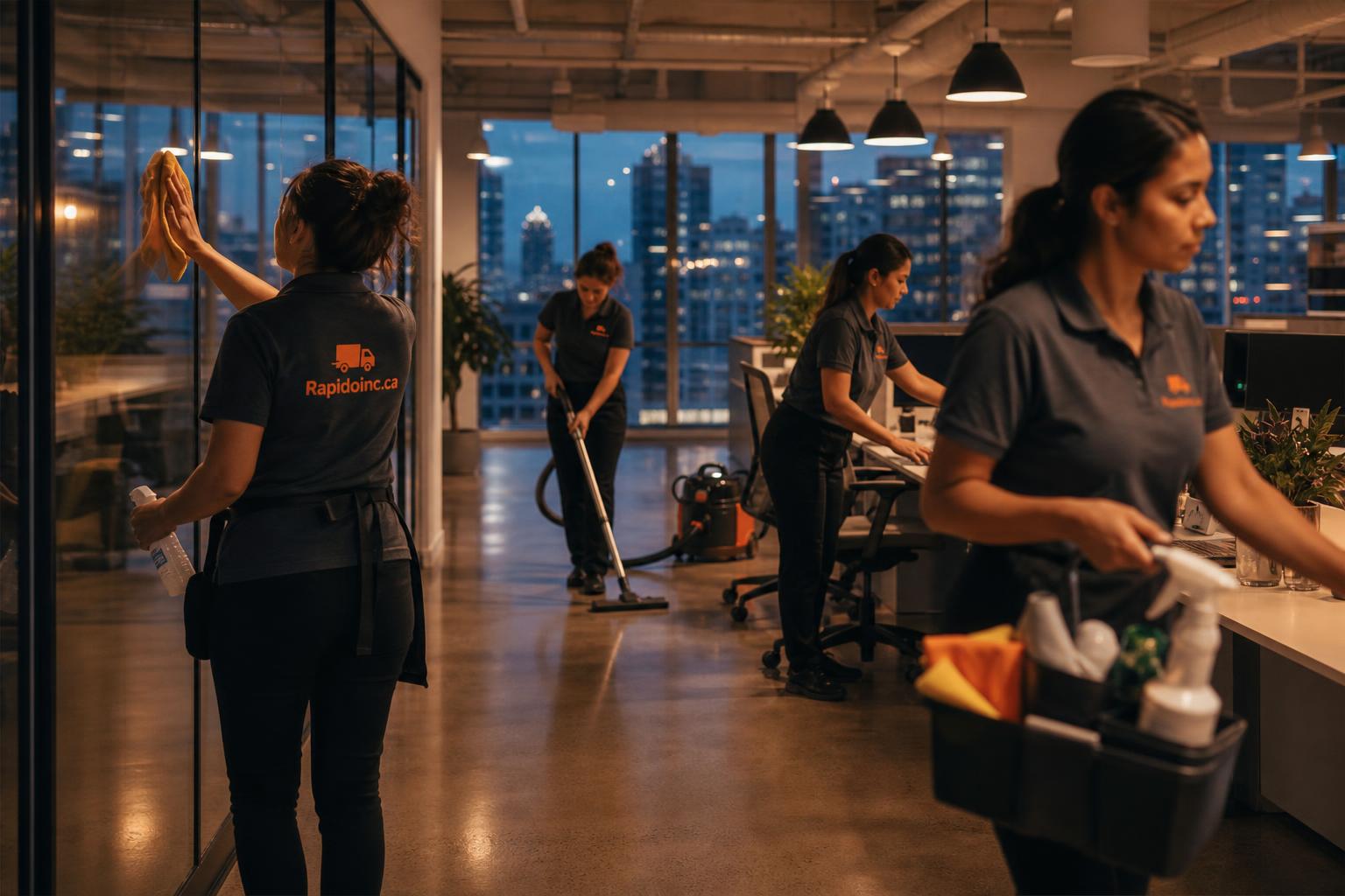 Group of women cleaners in Rapidoinc.ca uniforms servicing a modern open-plan office at dusk