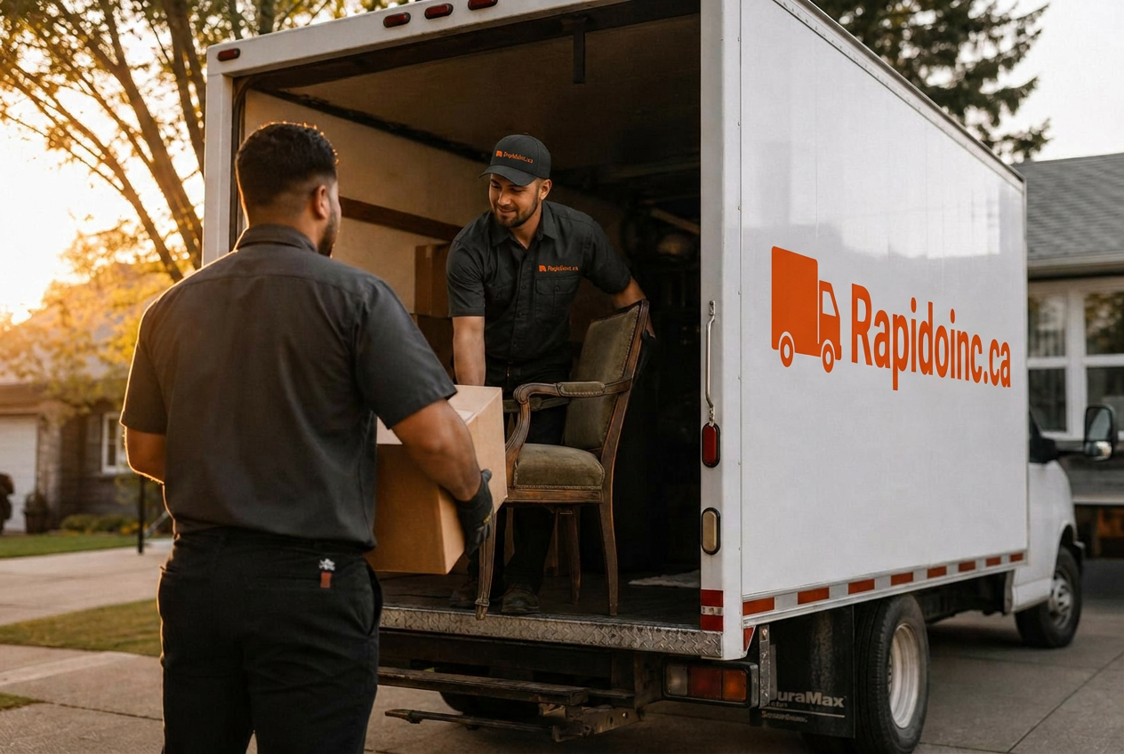 Crew loading furniture and mattresses into a junk removal truck at sunrise