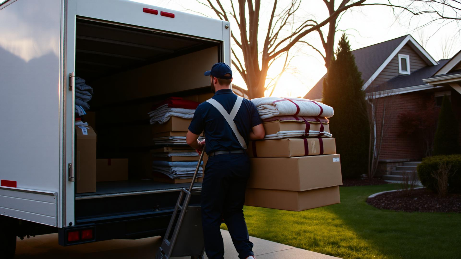 Mover loading padded blankets and cardboard boxes into a truck at sunset